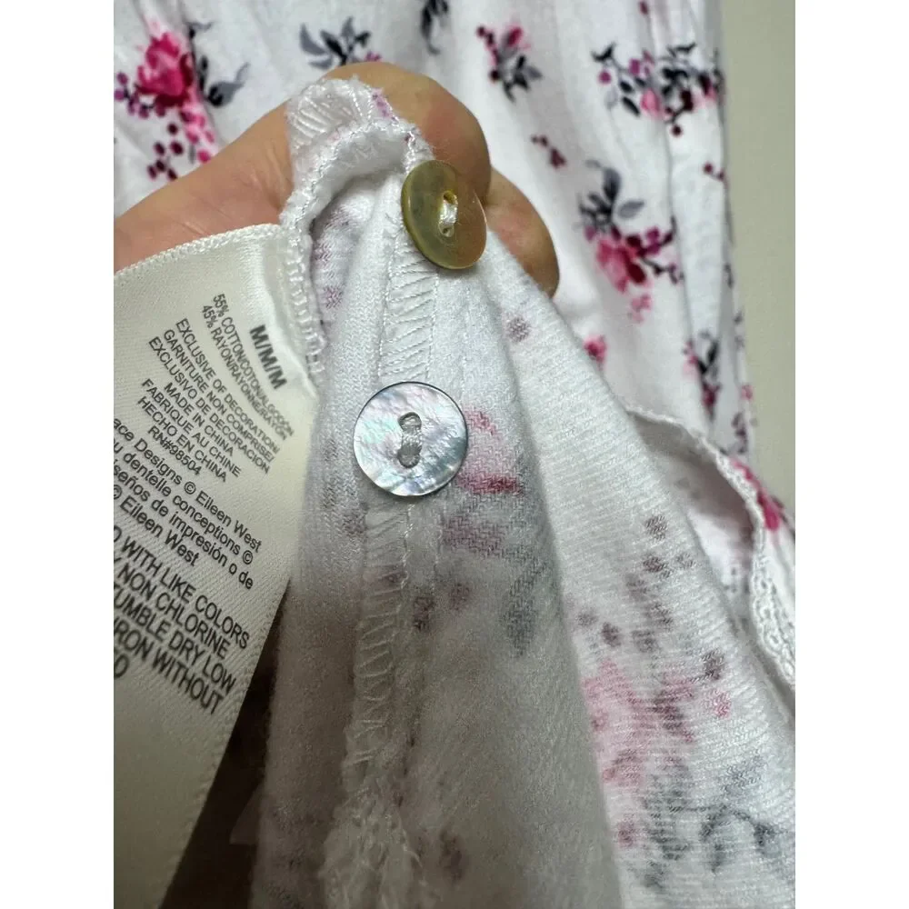 EILEEN WEST Cotton/Rayon Flannel Pintuck Lace Trim Long Sleeve Nightgown, Sz M